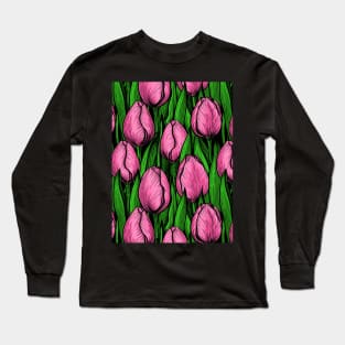 Pink tulips with green leaves Long Sleeve T-Shirt